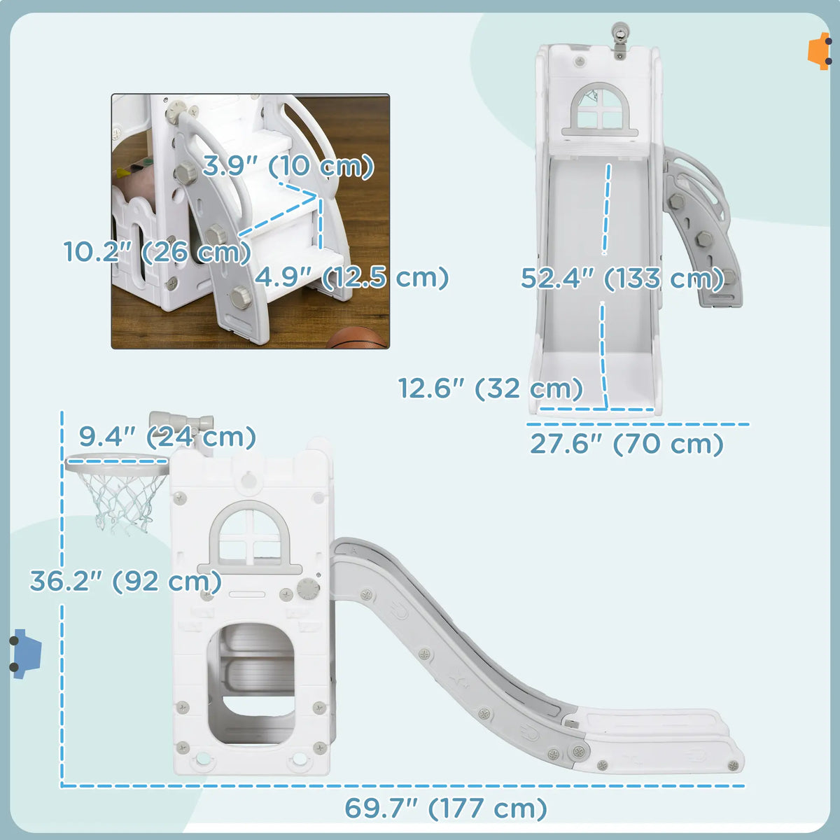 Toddler Slide, Basketball Hoop, Climber, Telescope, Storage Basket, 1-3 Years, Grey