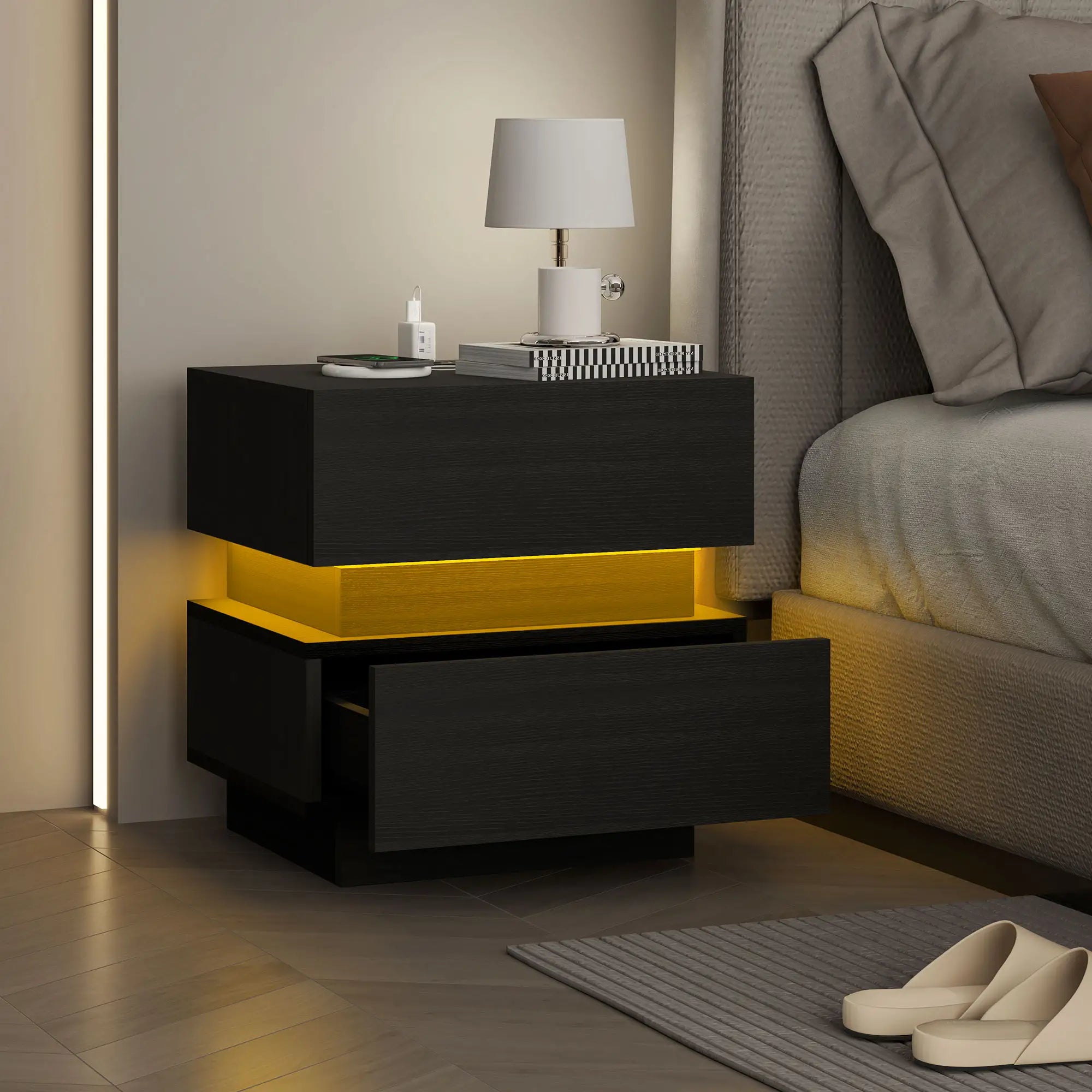 Modern Bedside Table with Charging Station, LED Light, USB Ports, Black Bedside Tables at Gallery Canada