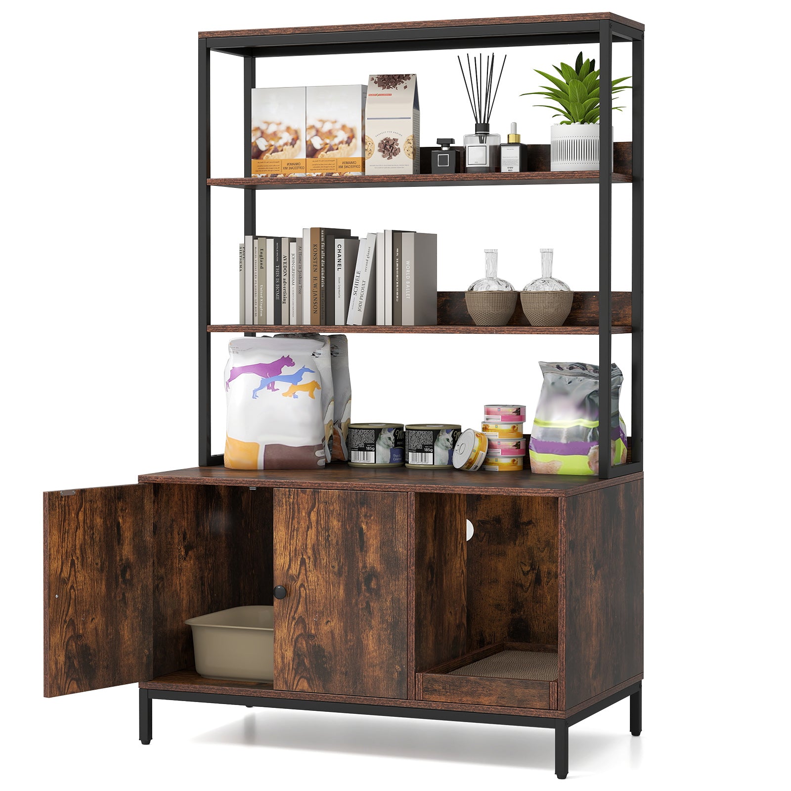 57 Inches Cat Litter Box Enclosure with Storage and Removable Scratcher, Coffee Cat Houses at Gallery Canada