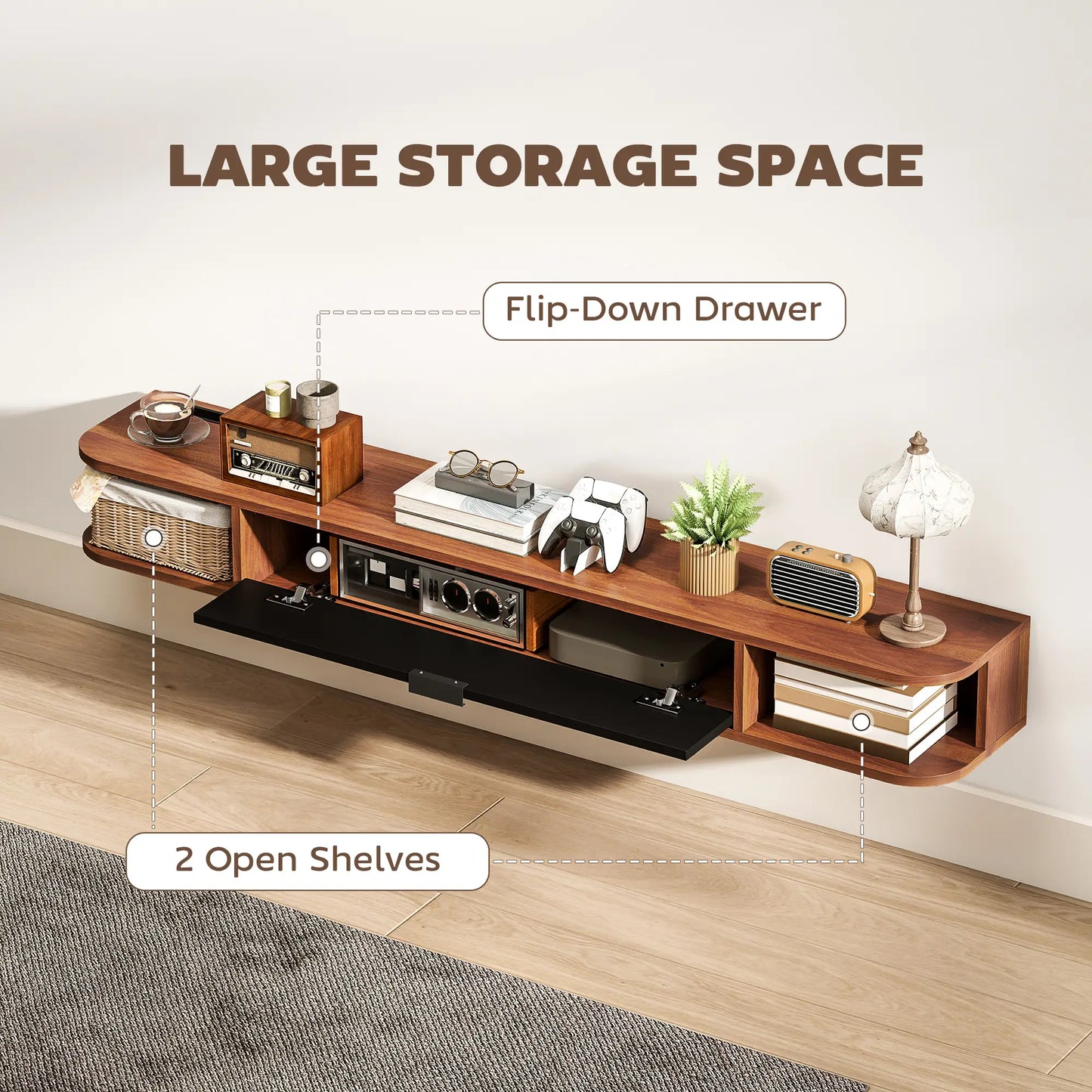 55 Inch Floating TV Stand, Wall Mounted Media Console, Walnut TV Stands at Gallery Canada