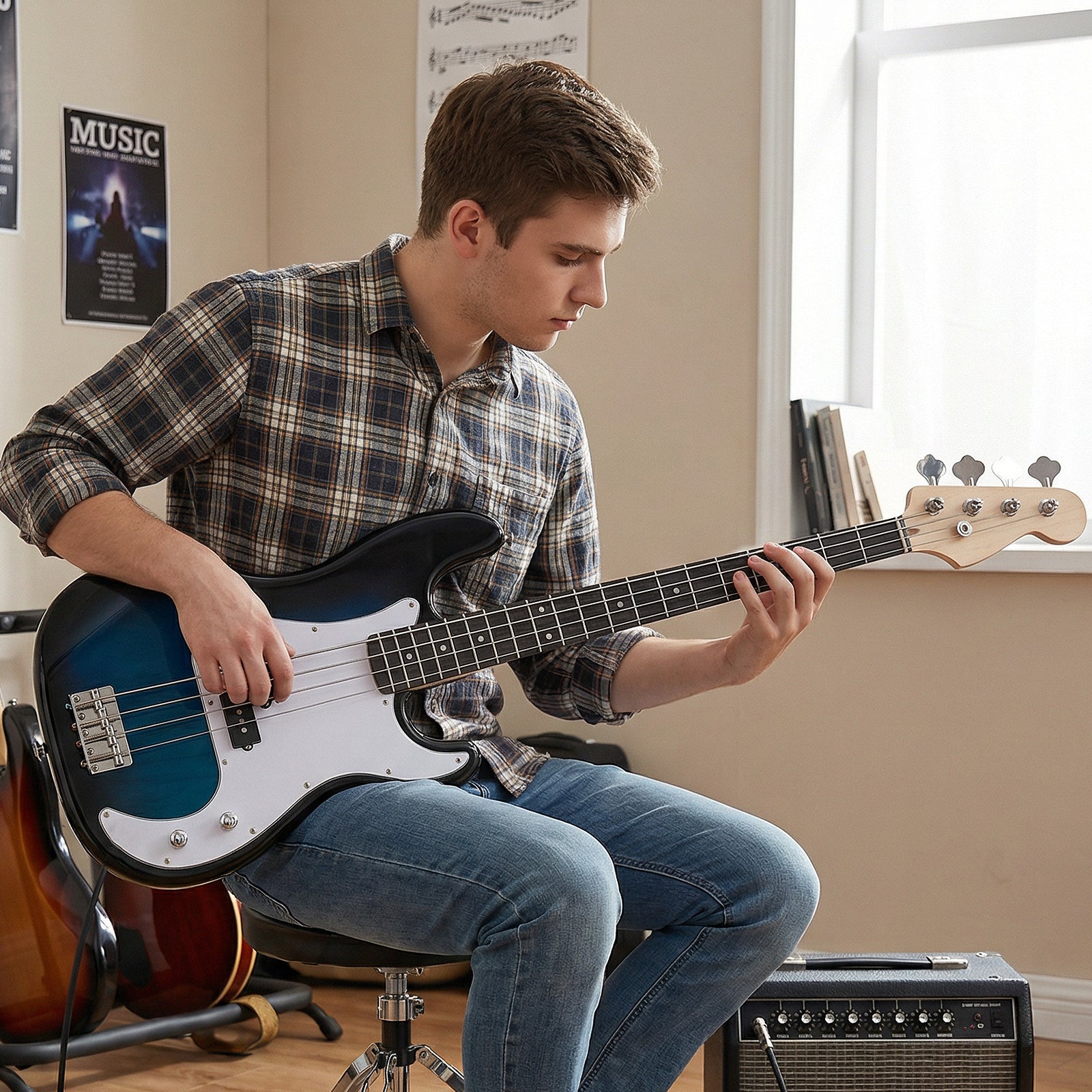 45.5 Inch Electric Bass Guitar with Double Pickups and Gig Bag for Beginners, Blue Guitar & Strings at Gallery Canada