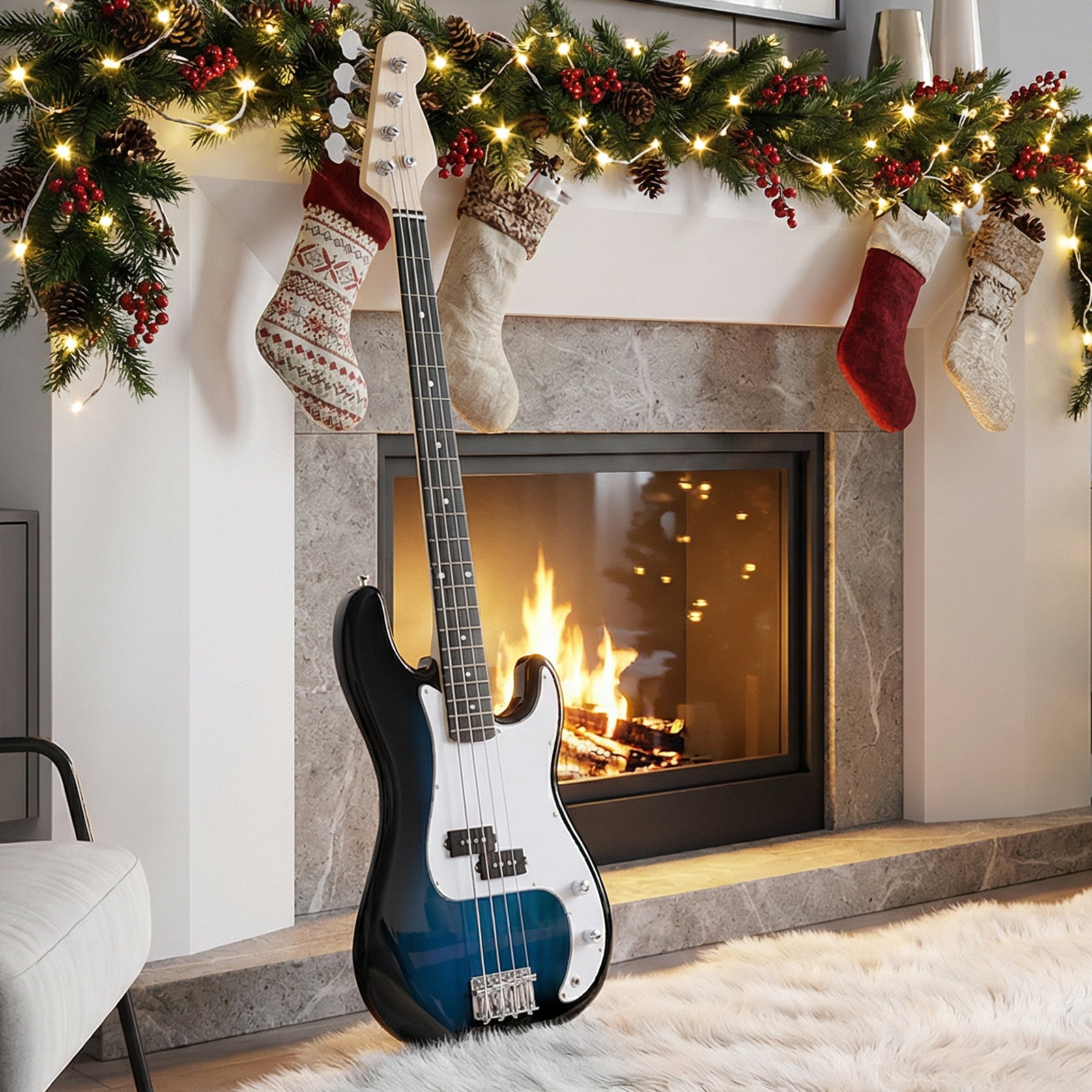 45.5 Inch Electric Bass Guitar with Double Pickups and Gig Bag for Beginners, Blue Guitar & Strings at Gallery Canada