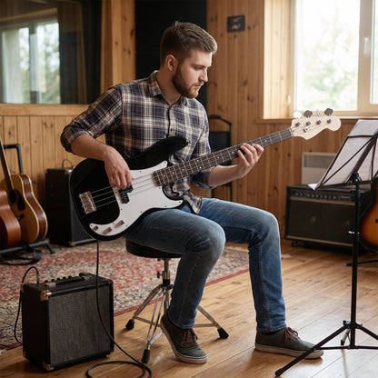 45.5 Inch Electric Bass Guitar with Double Pickups and Gig Bag for Beginners, Black Guitar & Strings at Gallery Canada