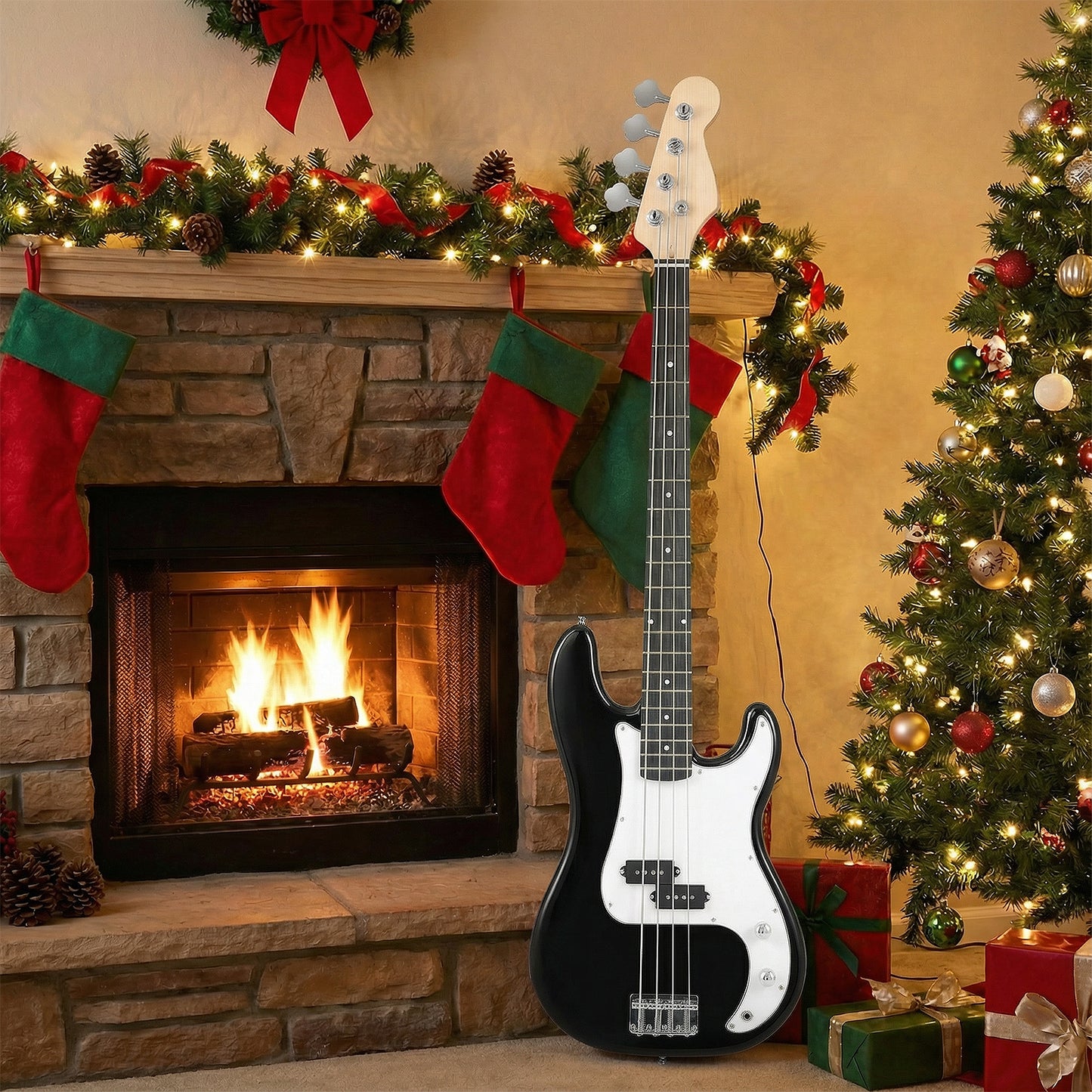 45.5 Inch Electric Bass Guitar with Double Pickups and Gig Bag for Beginners, Black Guitar & Strings at Gallery Canada