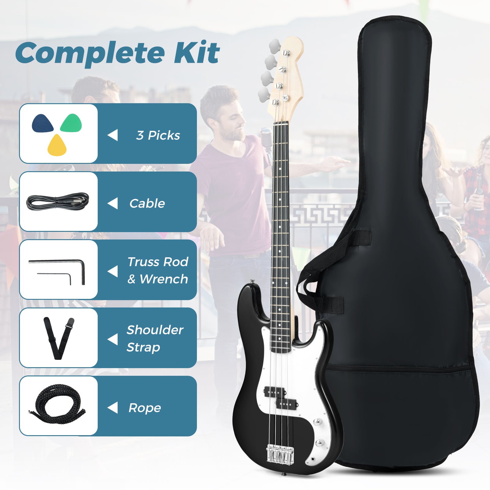 45.5 Inch Electric Bass Guitar with Double Pickups and Gig Bag for Beginners, Black Guitar & Strings at Gallery Canada