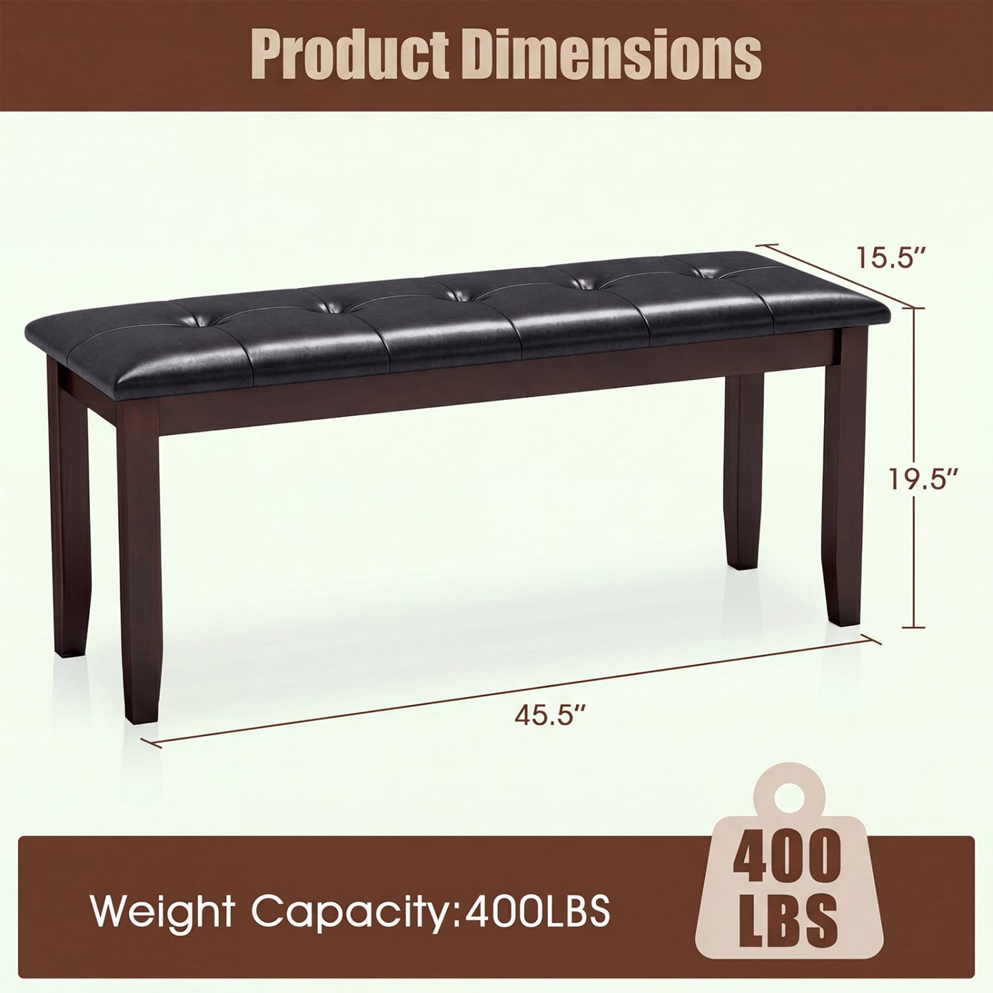 Banc en cuir PU 45,5", siège rembourré, pieds en bois d'hévéa, marron