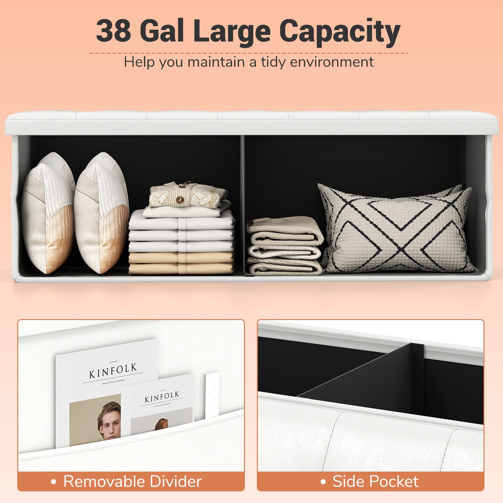 45 Inch Large Folding Ottoman Storage Seat, White Shoe Racks & Storage Benches at Gallery Canada