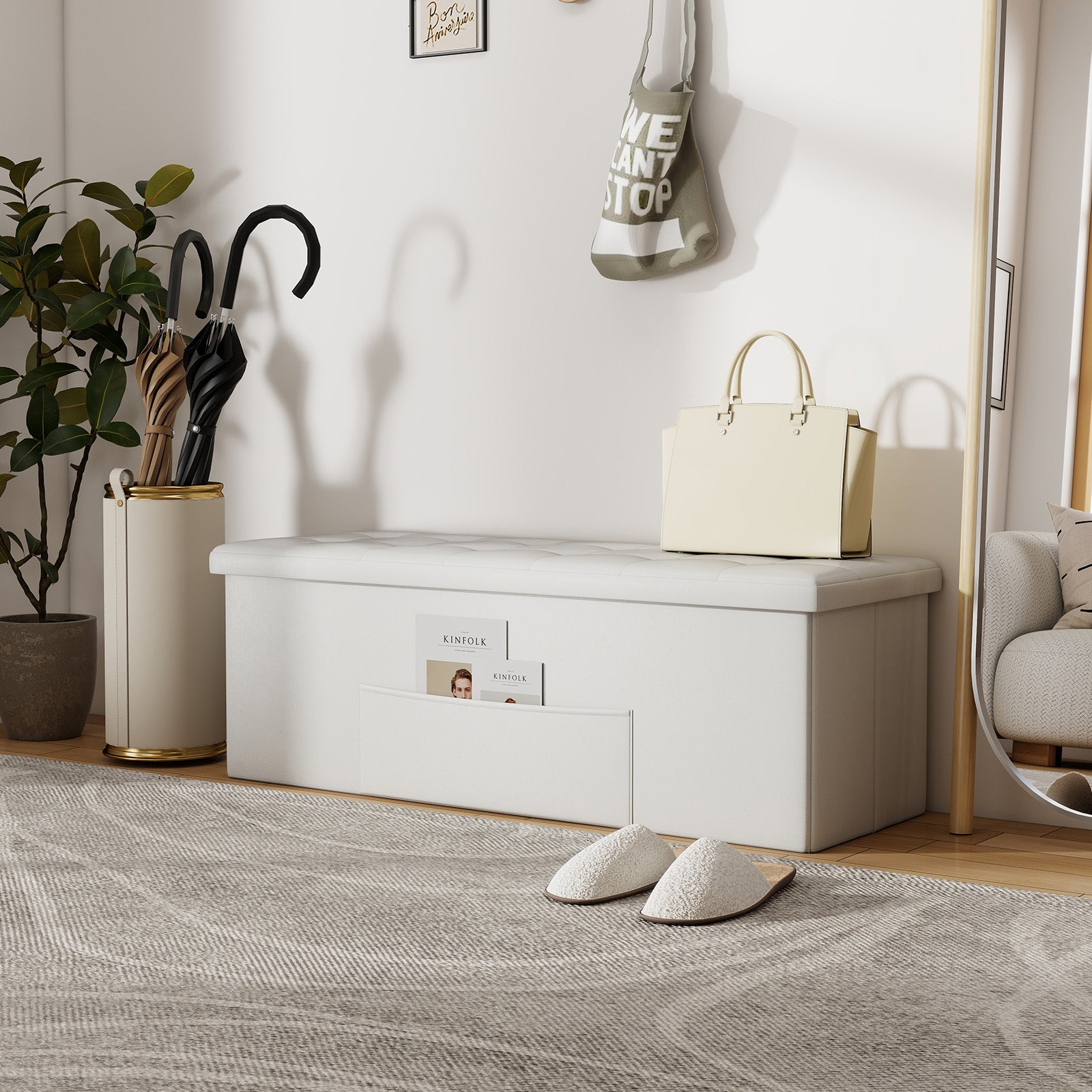 45 Inch Large Folding Ottoman Storage Seat, White Shoe Racks & Storage Benches at Gallery Canada