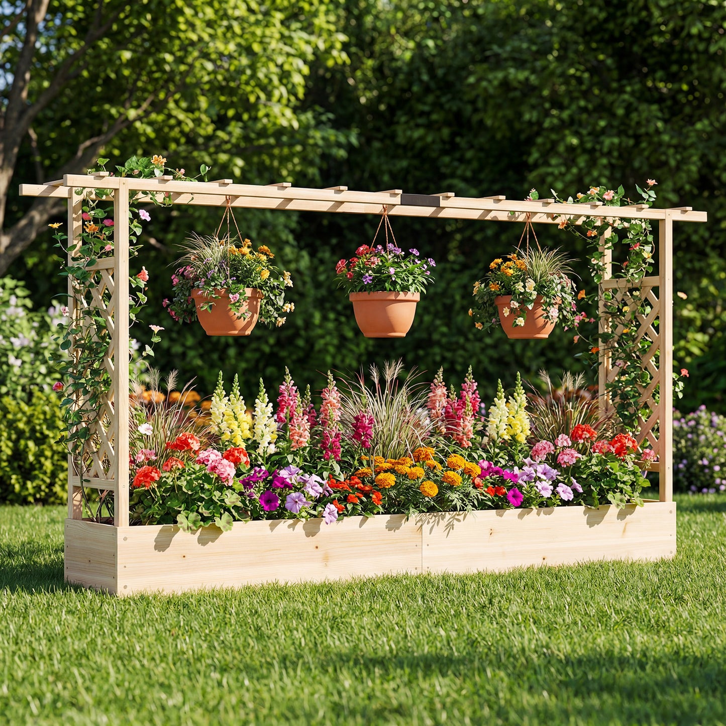 45 Inch Tall Wooden Raised Garden Bed with Side Trellis and Hanging Roof Drainage Holes, Natural Raised Garden Beds at Gallery Canada