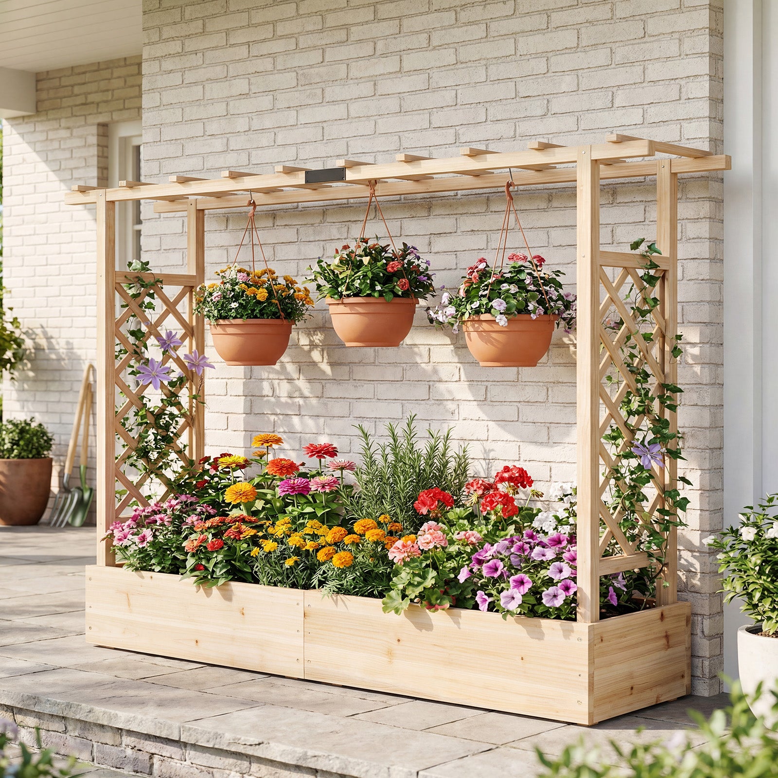 45 Inch Tall Wooden Raised Garden Bed with Side Trellis and Hanging Roof Drainage Holes, Natural Raised Garden Beds at Gallery Canada