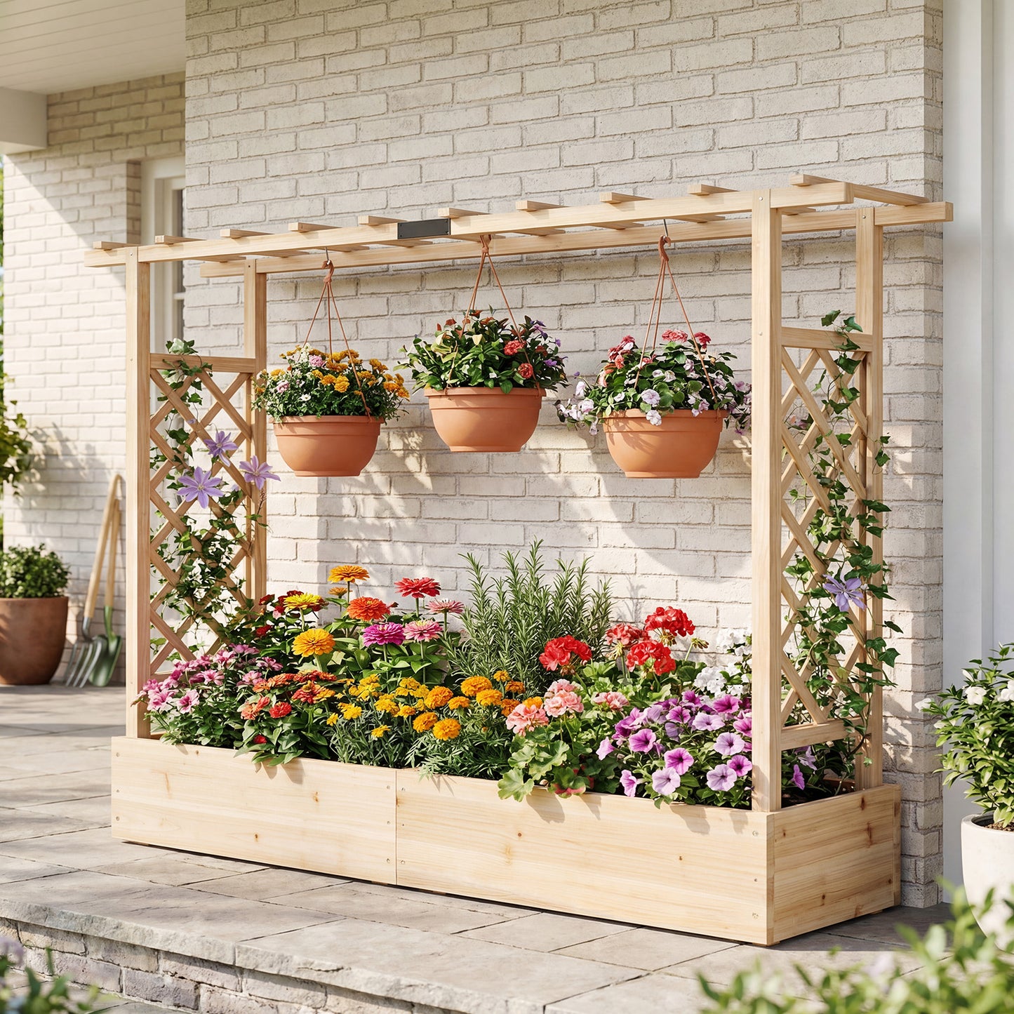 45 Inch Tall Wooden Raised Garden Bed with Side Trellis and Hanging Roof Drainage Holes, Natural Raised Garden Beds at Gallery Canada