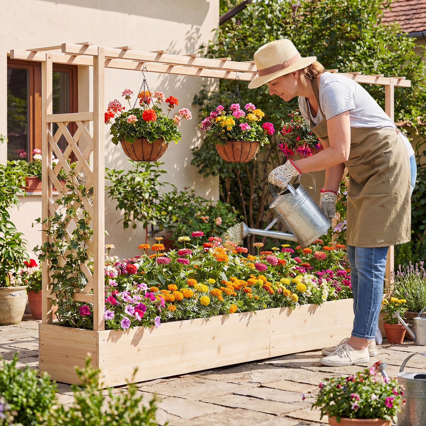 45 Inch Tall Wooden Raised Garden Bed with Side Trellis and Hanging Roof Drainage Holes, Natural Raised Garden Beds at Gallery Canada