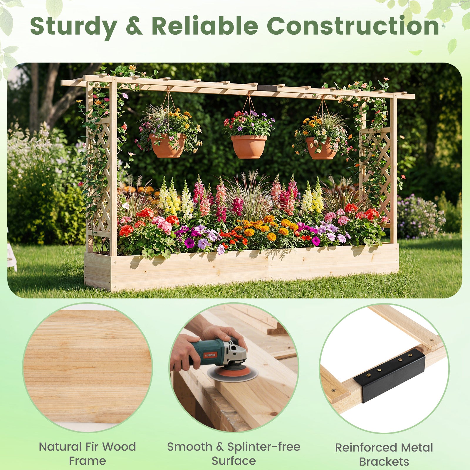 45 Inch Tall Wooden Raised Garden Bed with Side Trellis and Hanging Roof Drainage Holes, Natural Raised Garden Beds at Gallery Canada