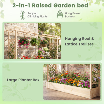 45 Inch Tall Wooden Raised Garden Bed with Side Trellis and Hanging Roof Drainage Holes, Natural Raised Garden Beds at Gallery Canada