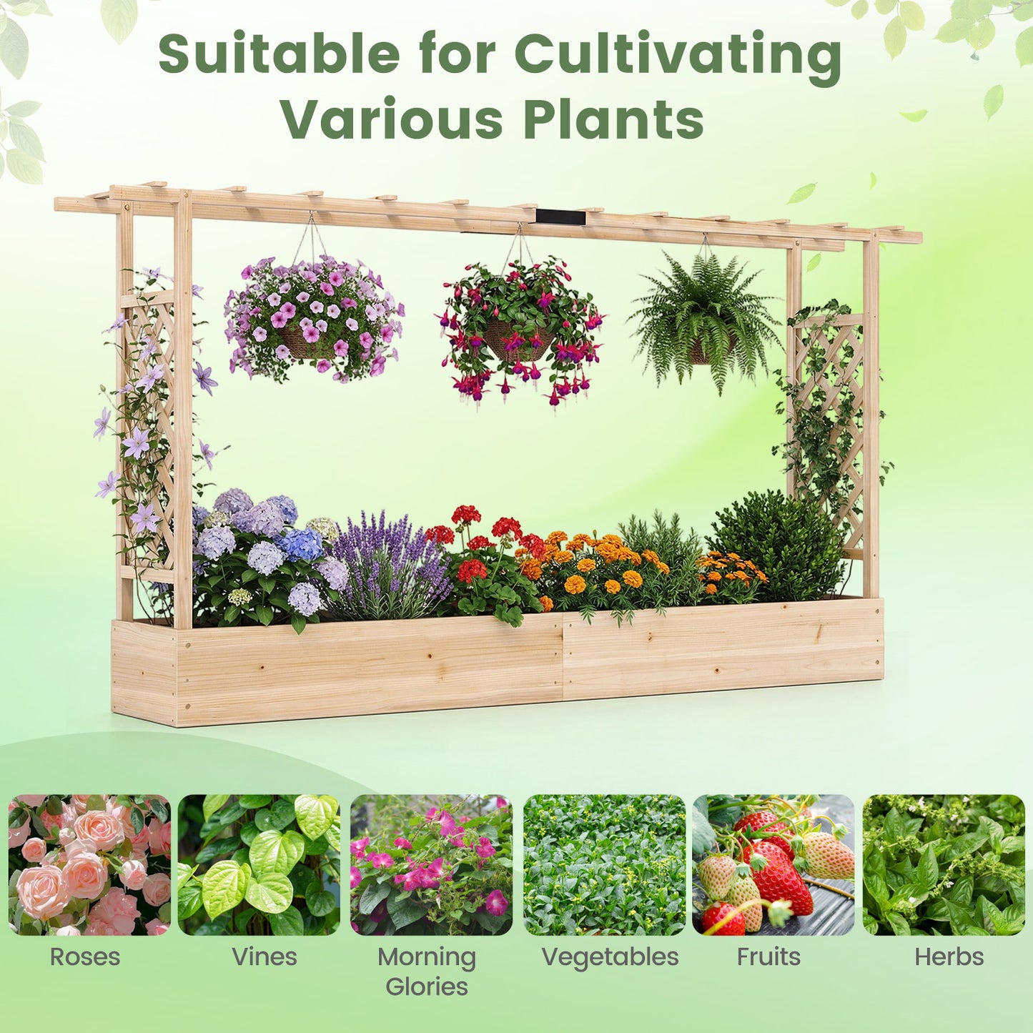 45 Inch Tall Wooden Raised Garden Bed with Side Trellis and Hanging Roof Drainage Holes, Natural Raised Garden Beds at Gallery Canada