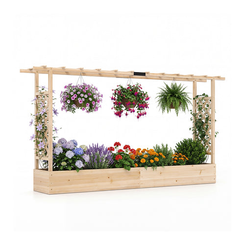 45 Inch Tall Wooden Raised Garden Bed with Side Trellis and Hanging Roof Drainage Holes, Natural