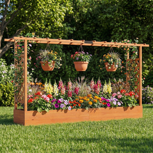 45 Inch Tall Wooden Raised Garden Bed with Side Trellis and Hanging Roof Drainage Holes, Orange