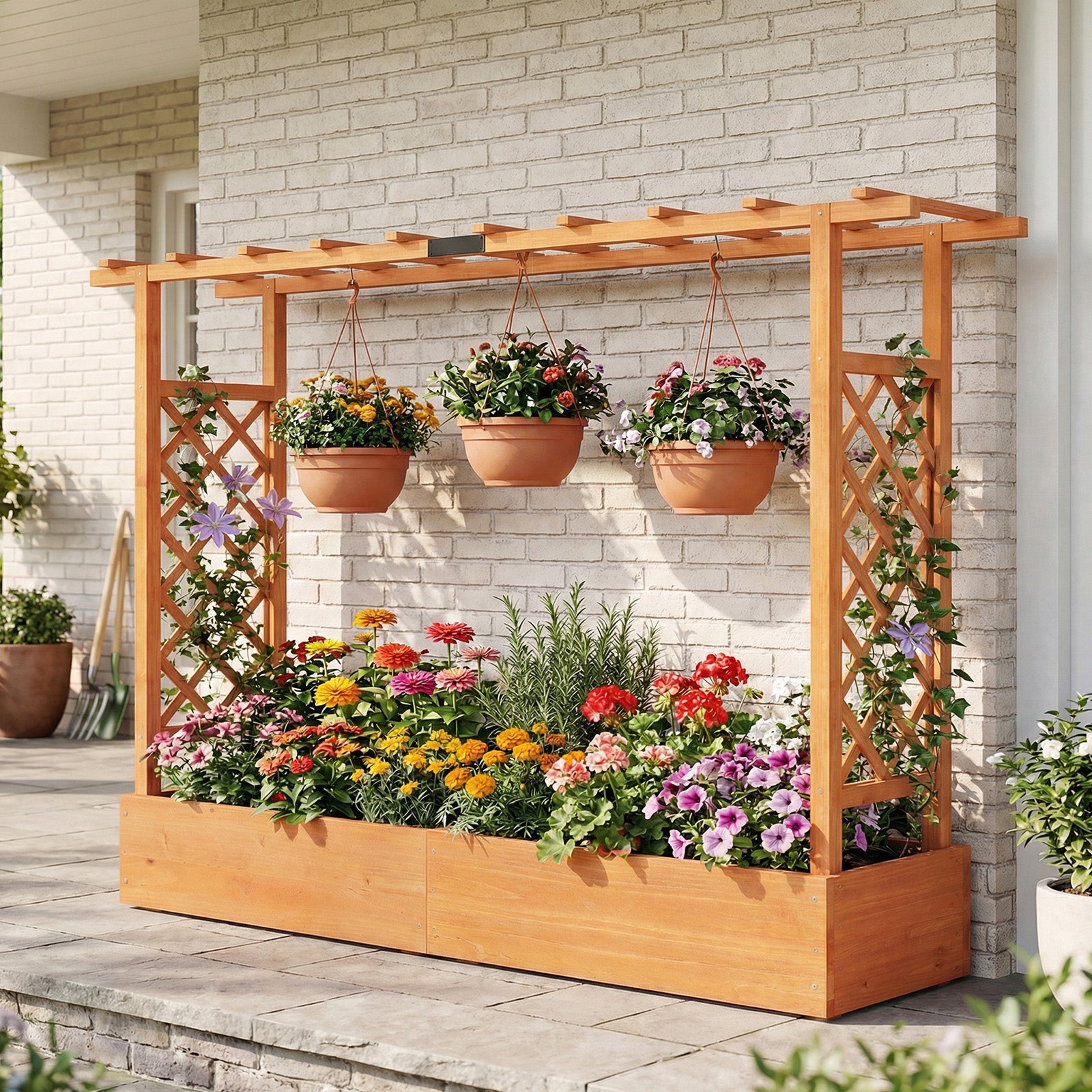 45 Inch Tall Wooden Raised Garden Bed with Side Trellis and Hanging Roof Drainage Holes, Orange Raised Garden Beds at Gallery Canada