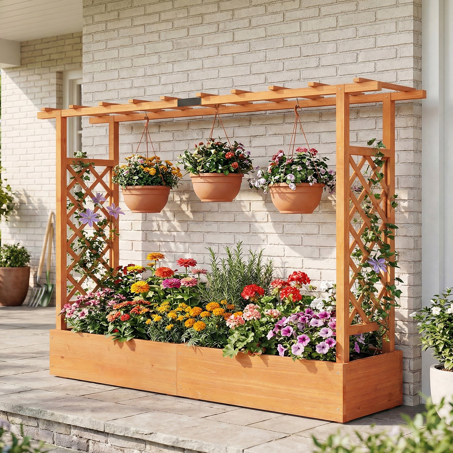 45 Inch Tall Wooden Raised Garden Bed with Side Trellis and Hanging Roof Drainage Holes, Orange Raised Garden Beds at Gallery Canada