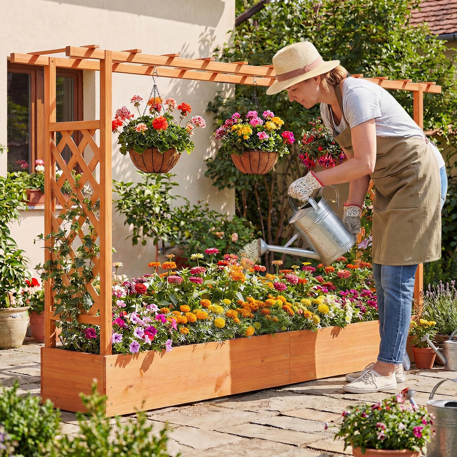 45 Inch Tall Wooden Raised Garden Bed with Side Trellis and Hanging Roof Drainage Holes, Orange Raised Garden Beds at Gallery Canada