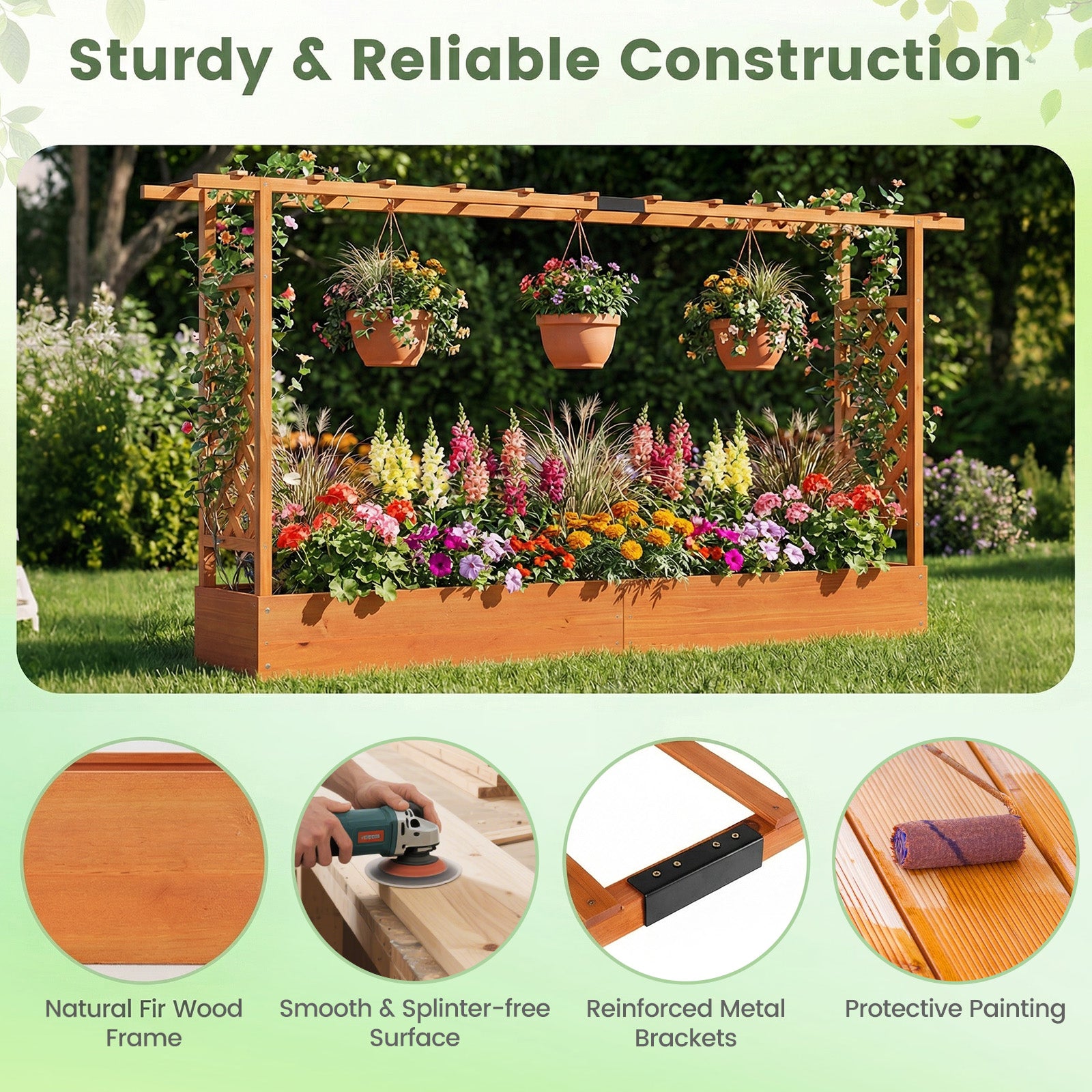 45 Inch Tall Wooden Raised Garden Bed with Side Trellis and Hanging Roof Drainage Holes, Orange Raised Garden Beds at Gallery Canada
