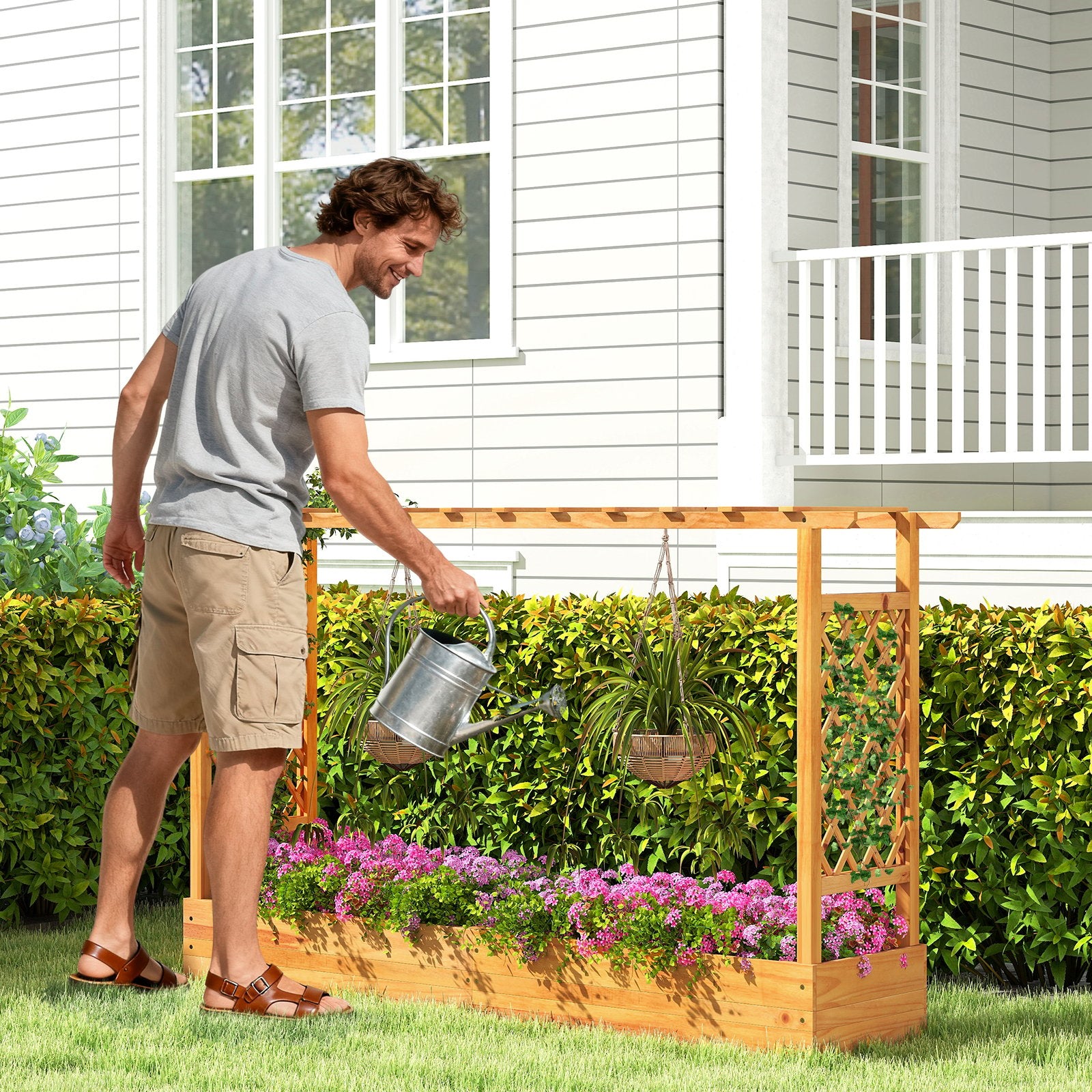 45 Inch Wooden Raised Garden Bed with Lattice Trellis for Outdoor, Natural Raised Garden Beds at Gallery Canada