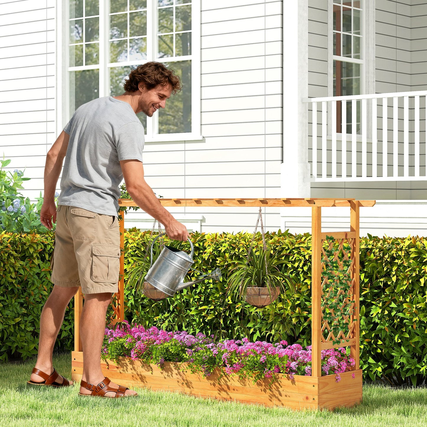45 Inch Wooden Raised Garden Bed with Lattice Trellis for Outdoor, Natural Raised Garden Beds at Gallery Canada