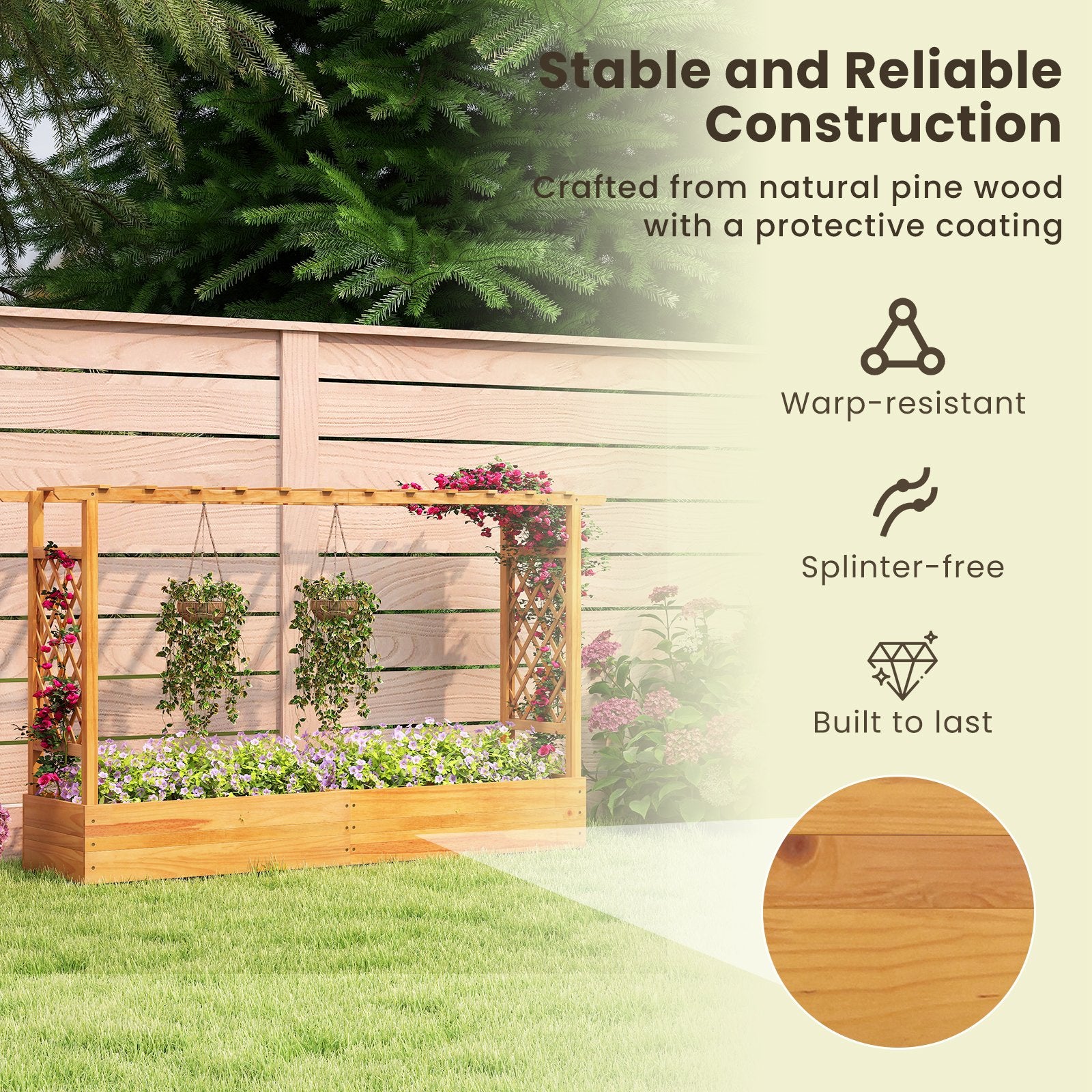 45 Inch Wooden Raised Garden Bed with Lattice Trellis for Outdoor, Natural Raised Garden Beds at Gallery Canada