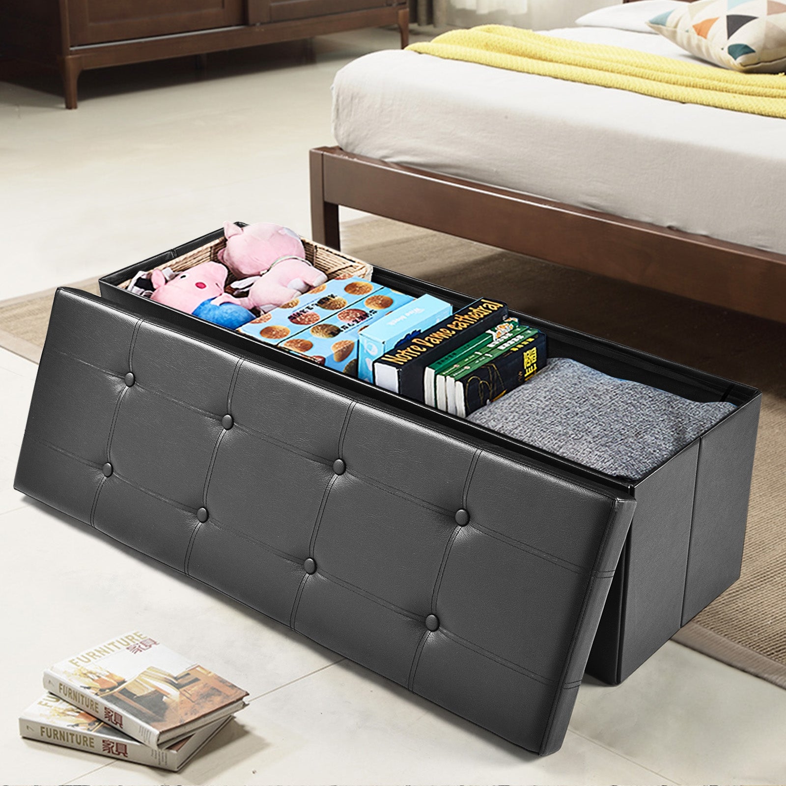 45 Inches Large Folding Ottoman Storage Seat, Black Shoe Racks & Storage Benches at Gallery Canada