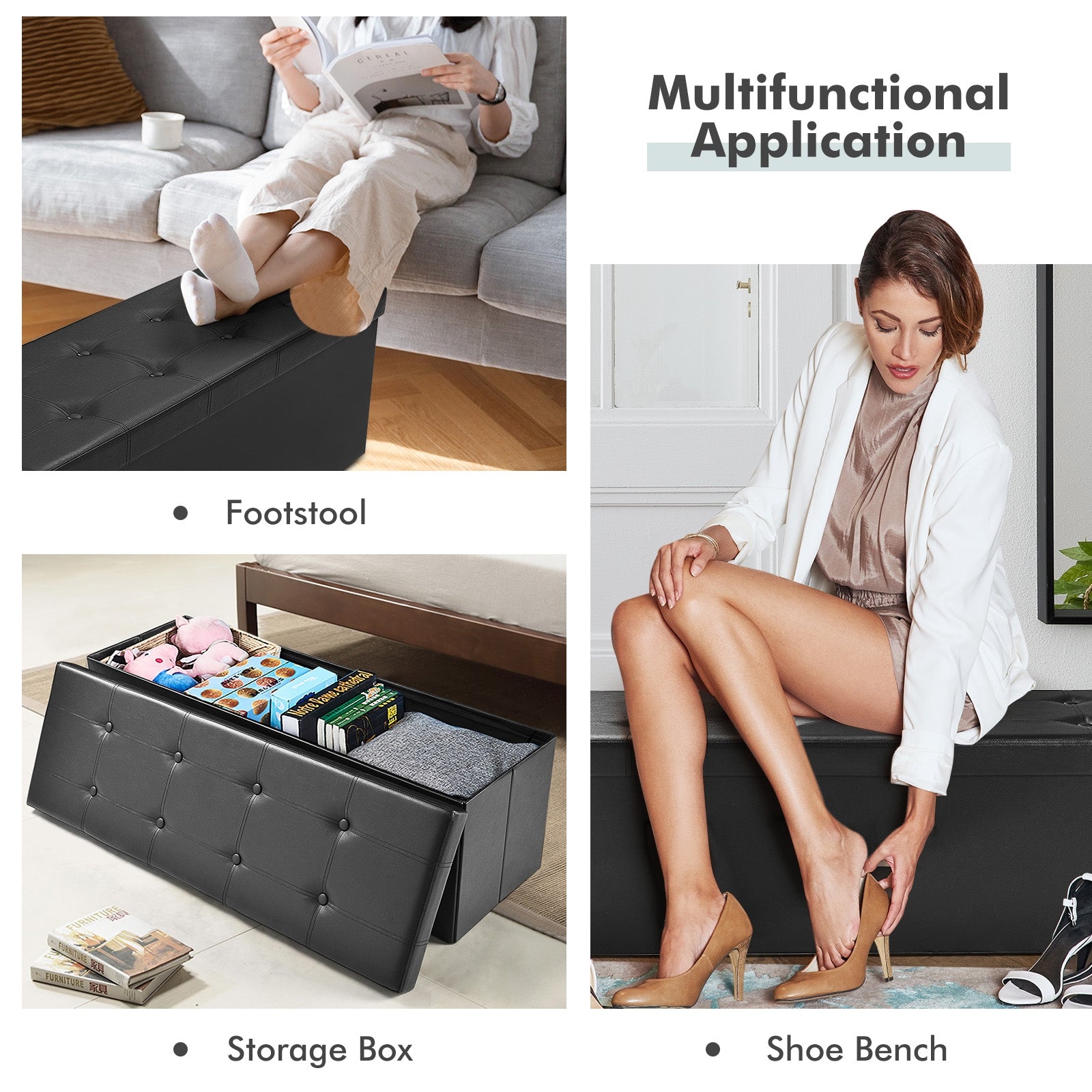 45 Inches Large Folding Ottoman Storage Seat, Black Shoe Racks & Storage Benches at Gallery Canada