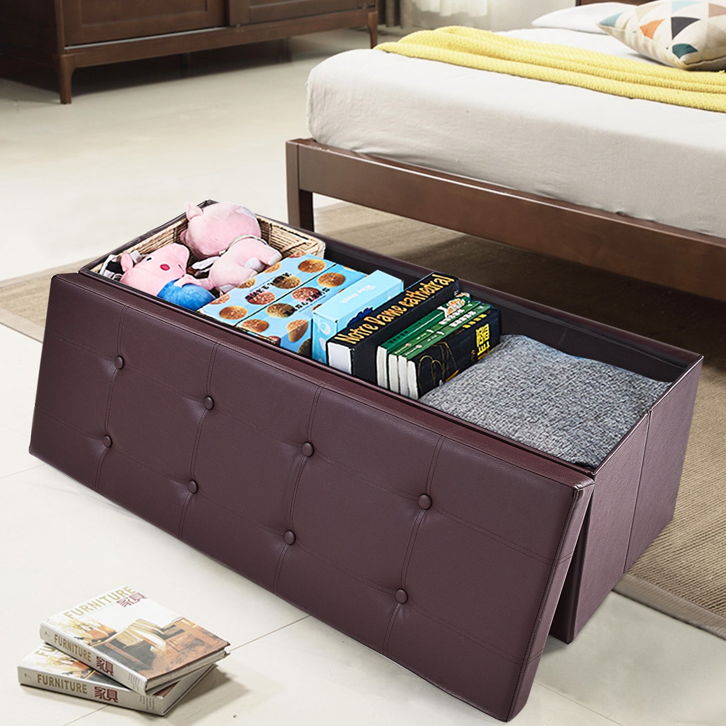 45 Inches Large Folding Ottoman Storage Seat - Brown, Brown Shoe Racks & Storage Benches at Gallery Canada