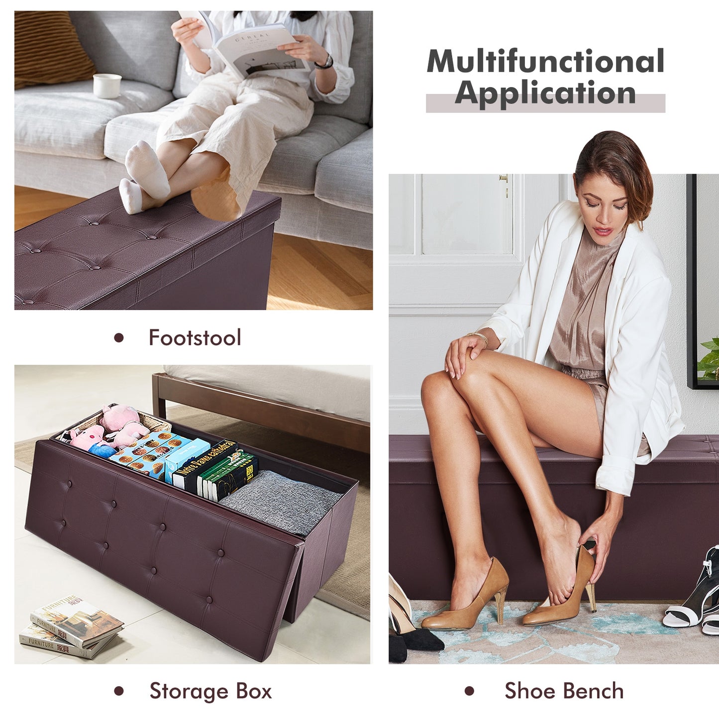 45 Inches Large Folding Ottoman Storage Seat - Brown, Brown Shoe Racks & Storage Benches at Gallery Canada