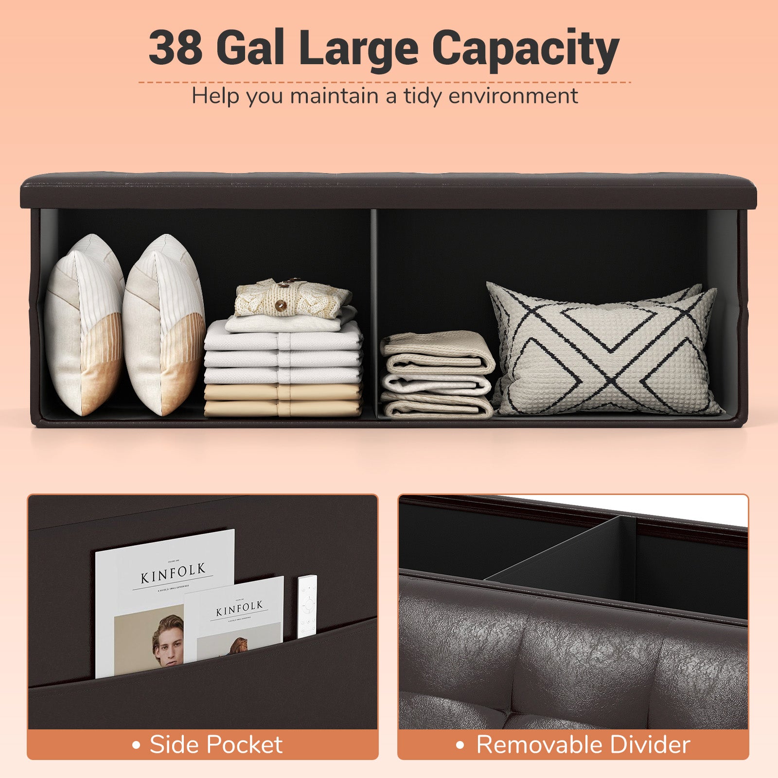 45 Inches Large Folding Ottoman Storage Seat, Brown Shoe Racks & Storage Benches at Gallery Canada