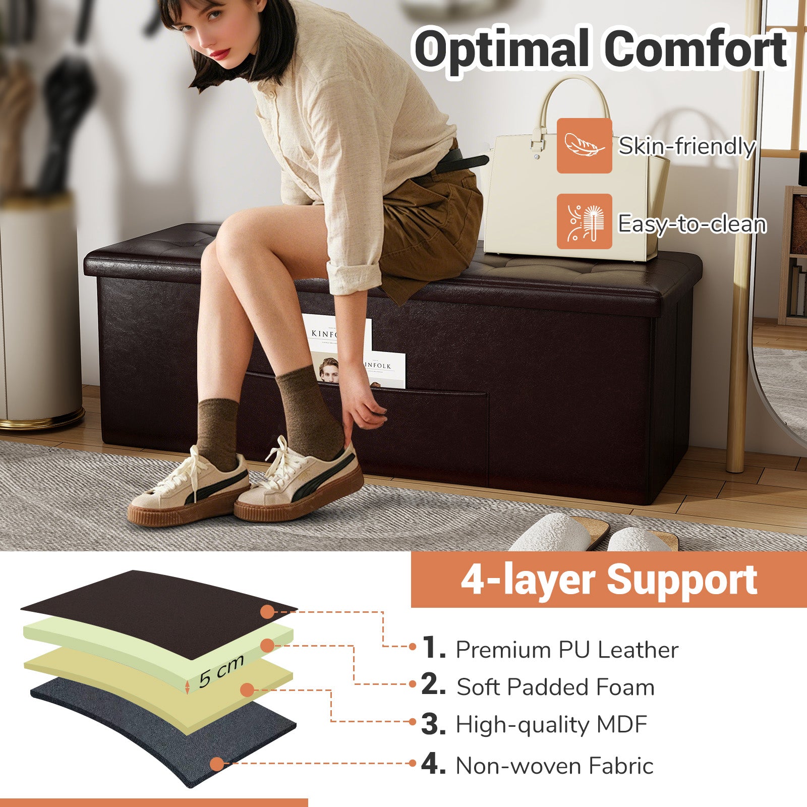 45 Inches Large Folding Ottoman Storage Seat, Brown Shoe Racks & Storage Benches at Gallery Canada
