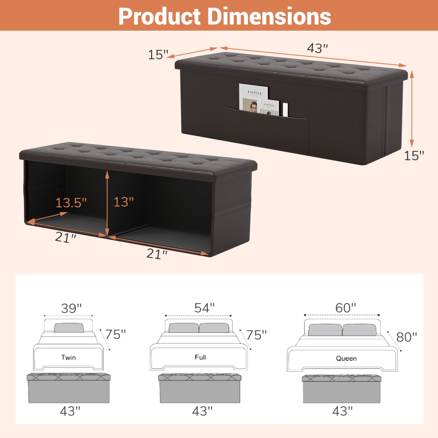 45 Inches Large Folding Ottoman Storage Seat, Brown Shoe Racks & Storage Benches at Gallery Canada