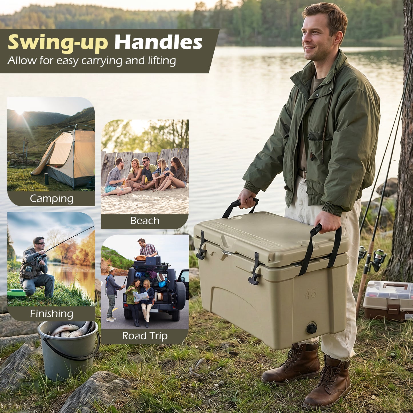 45 Quart Portable Hard Cooler, Insulated Ice Chest, Khaki Coolers at Gallery Canada