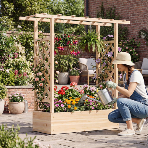 45 inch Tall Wooden Raised Garden Bed with Side Trellis and Hanging Roof, Natural