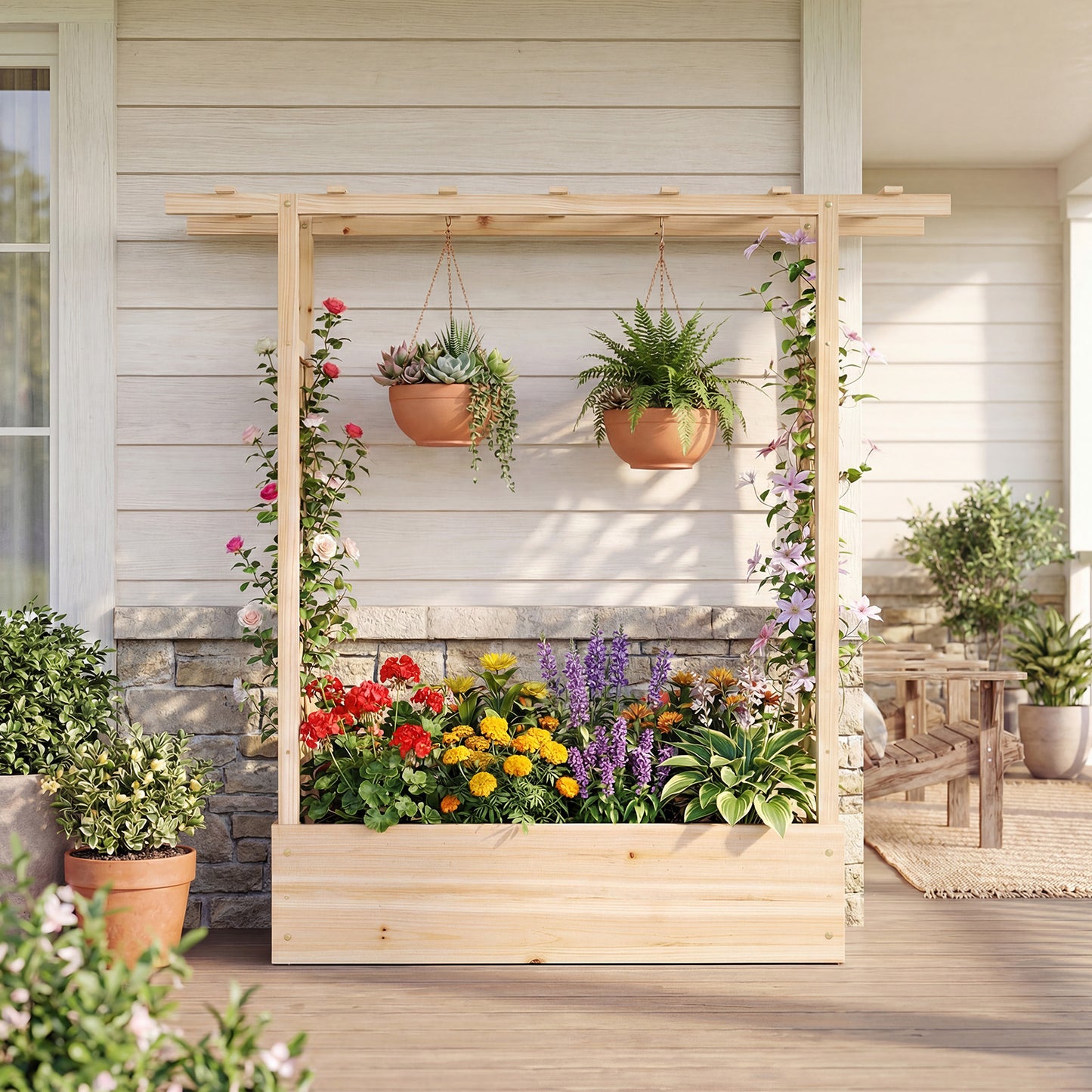 45 inch Tall Wooden Raised Garden Bed with Side Trellis and Hanging Roof, Natural Raised Garden Beds at Gallery Canada