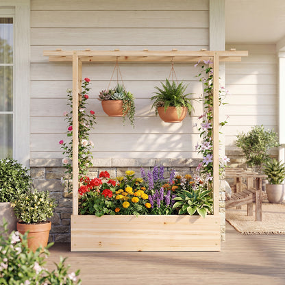 45 inch Tall Wooden Raised Garden Bed with Side Trellis and Hanging Roof, Natural Raised Garden Beds at Gallery Canada