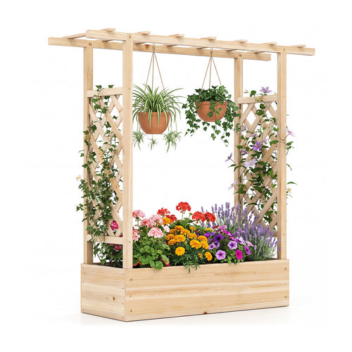 45 inch Tall Wooden Raised Garden Bed with Side Trellis and Hanging Roof, Natural