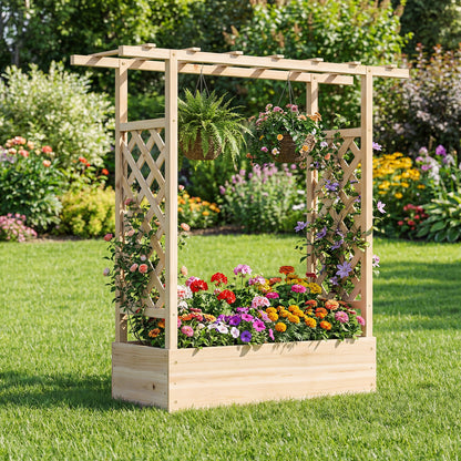 45 inch Tall Wooden Raised Garden Bed with Side Trellis and Hanging Roof, Natural Raised Garden Beds at Gallery Canada