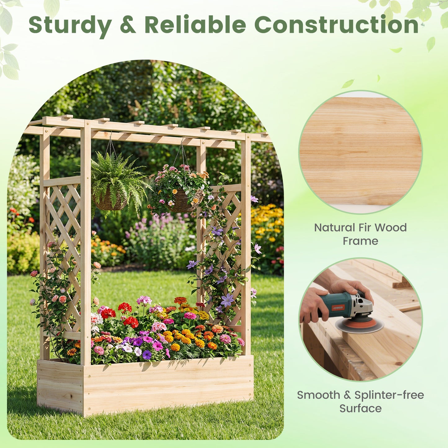 45 inch Tall Wooden Raised Garden Bed with Side Trellis and Hanging Roof, Natural Raised Garden Beds at Gallery Canada