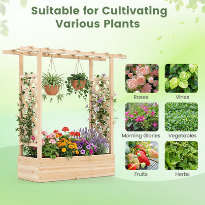 45 inch Tall Wooden Raised Garden Bed with Side Trellis and Hanging Roof, Natural Raised Garden Beds at Gallery Canada