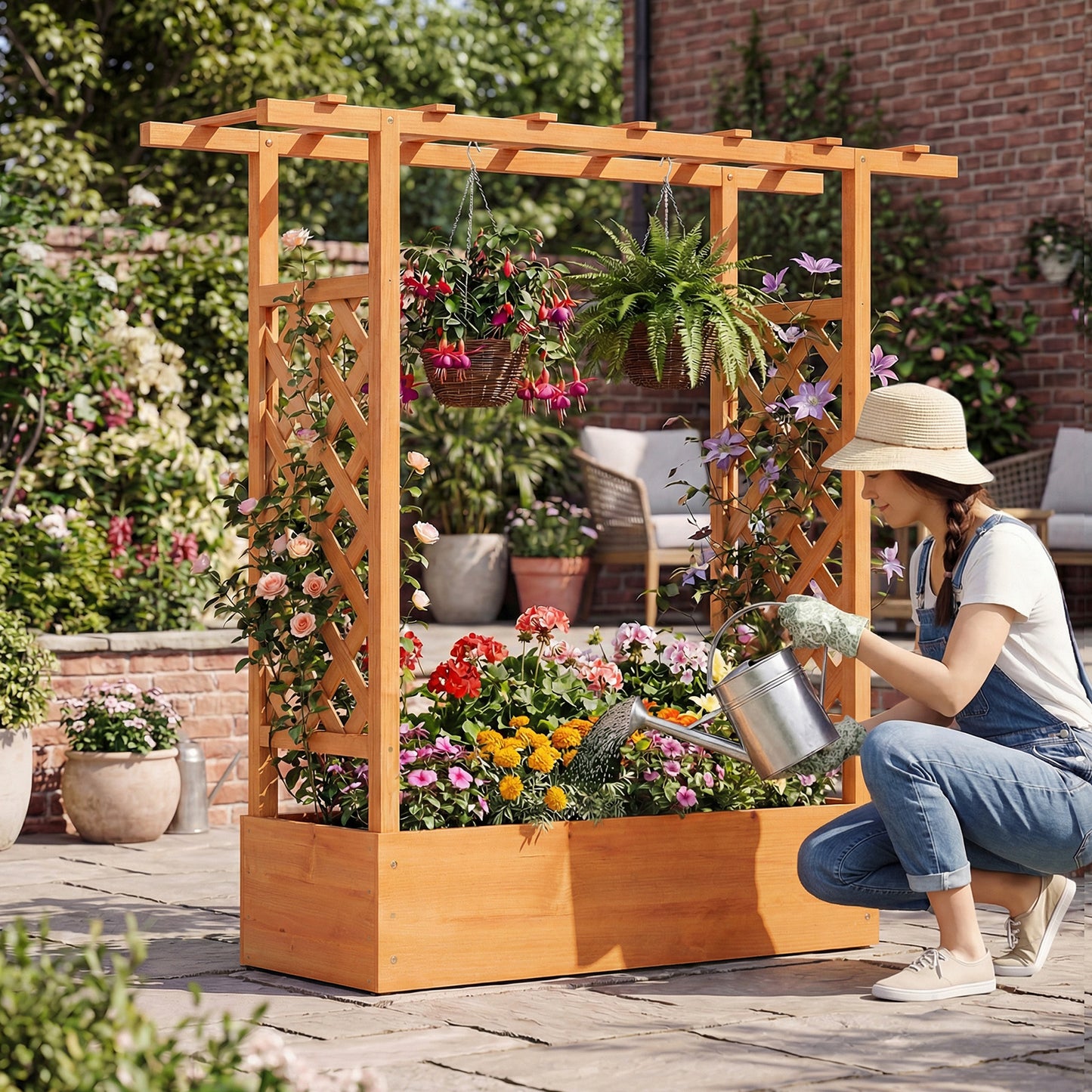 45 inch Tall Wooden Raised Garden Bed with Side Trellis and Hanging Roof, Orange Raised Garden Beds at Gallery Canada
