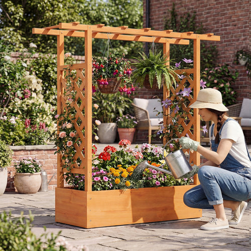 45 inch Tall Wooden Raised Garden Bed with Side Trellis and Hanging Roof, Orange