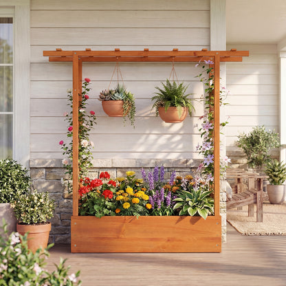 45 inch Tall Wooden Raised Garden Bed with Side Trellis and Hanging Roof, Orange Raised Garden Beds at Gallery Canada