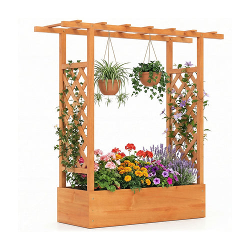 45 inch Tall Wooden Raised Garden Bed with Side Trellis and Hanging Roof, Orange