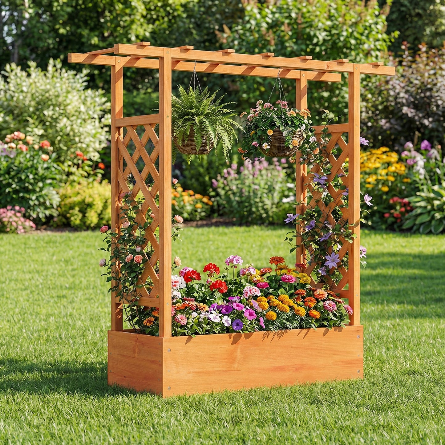 45 inch Tall Wooden Raised Garden Bed with Side Trellis and Hanging Roof, Orange Raised Garden Beds at Gallery Canada