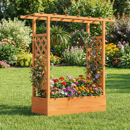 45 inch Tall Wooden Raised Garden Bed with Side Trellis and Hanging Roof, Orange Raised Garden Beds at Gallery Canada