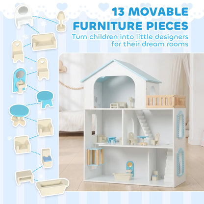 Wooden Doll House with Elevator, 5 Rooms, 13 Accessories, Blue Play Houses at Gallery Canada